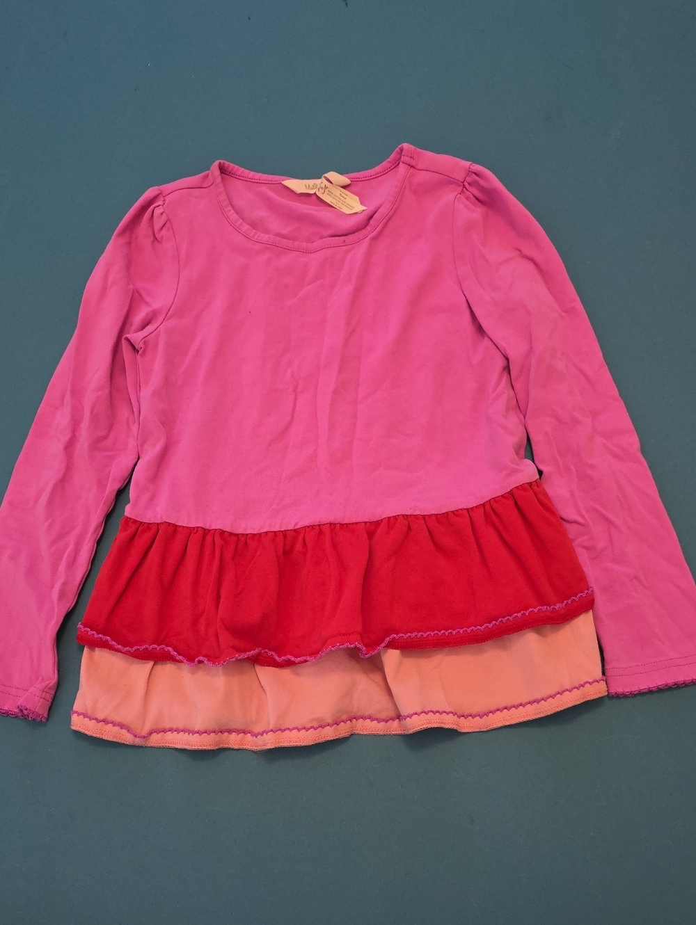 Matilda Jane Pink Long-Sleeve Layered Ruffle Top with Red & Peach Tiers